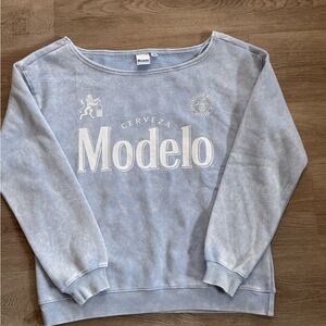 NWOT Off the Shoulder Light Blue Washed Out Style Modelo Cerveza Soft Sweater